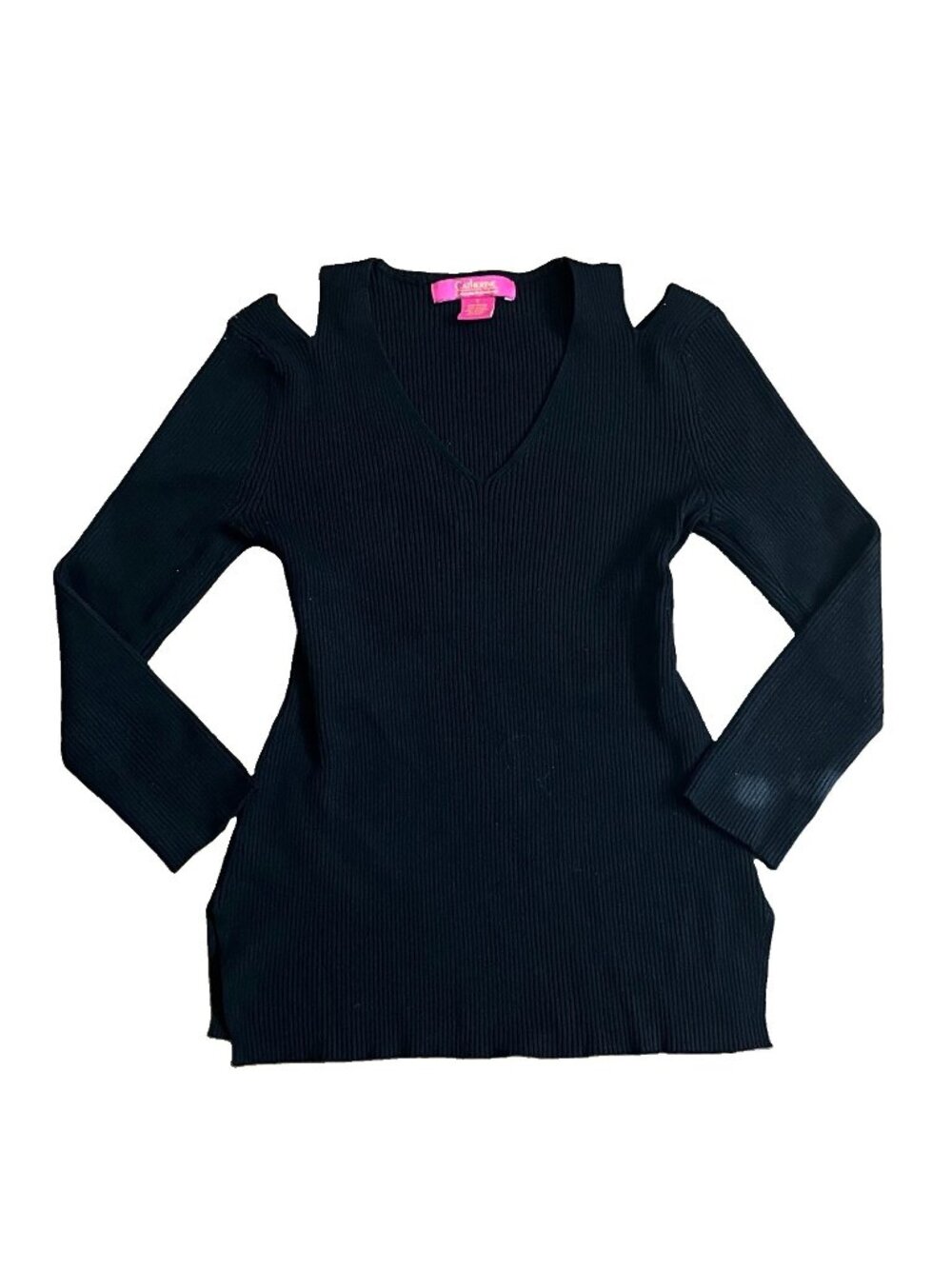Catherine Malandrino Women’s Black Ribbed Cold Shoulder V-Neck Sweater Size S